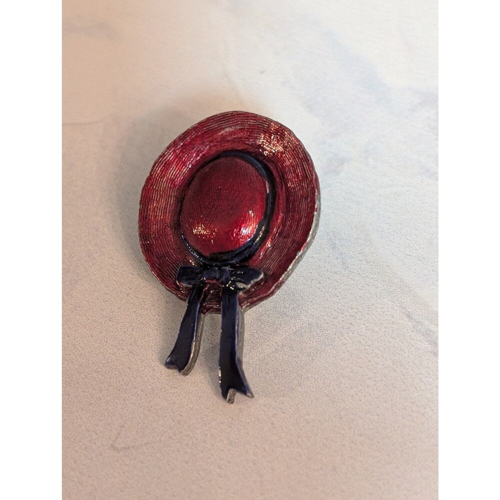 Cute VTG 1990s JJ Jonette Jewelry Red Hat Purple Ribbon Trim Lapel Pin Tie Tack